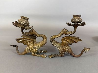 pair of antique brass dragon candlesticks