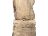 statue of a man sitting on a rock on a white background