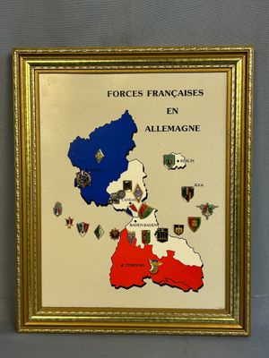 gold framed picture of a map of france with flags and coat of arms