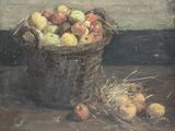 a painting of apples in a basket on a table