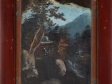 an oil painting of a mountain scene with a pagoda in the distance