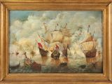 an oil painting of a group of ships in a body of water