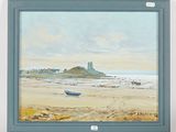 a painting of a boat on the beach with a castle in the background