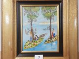 painting of a man and a woman fishing on a lake with trees