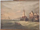 painting of a lighthouse and a boat in a body of water