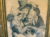 tableau représentant une famille avec un chien et un chat, dans un cadre doré