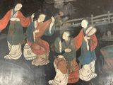 a painting of a group of people riding on a boat