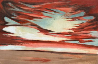une peinture à l'huile représentant un ciel rouge avec des nuages blancs en arrière-plan