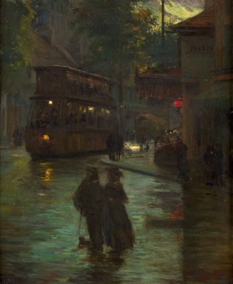 une image représentant un tableau où l'on voit deux personnes marchant sous la pluie