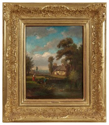 un tableau représentant une scène de campagne avec une maison en arrière-plan