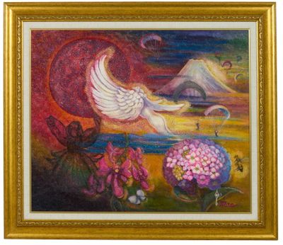 an oil painting of a white bird flying over a field of flowers