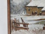 an oil painting of a snowy scene of a house and a pond