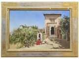 an image of a painting of a courtyard with a woman in a red dress