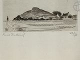 an old book with a drawing of a mountain in the background