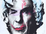 painting of a man with a clown ' s face painted on a wall