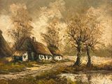 une image représentant un tableau d'un village avec un toit de chaume