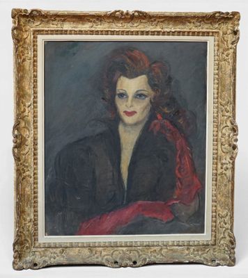 portrait of a woman in a black dress with a red scarf
