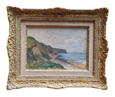 une image représentant une peinture d'une plage avec une falaise en arrière-plan
