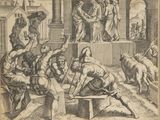 an old drawing of a group of people in a building