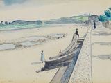 une aquarelle représentant un bateau sur la plage