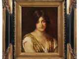 un tableau représentant une femme en robe jaune, dans un cadre doré