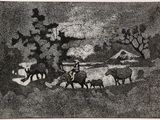 drawing of a man riding a horse with a herd of animals