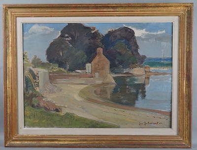 an image of a painting of a house by a body of water