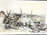 un dessin représentant un groupe de bateaux sur l'eau