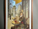 painting of a man sitting at a table with a glass of wine