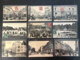 several old black and white photos of a street with people on it