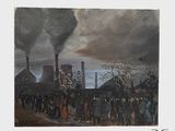 un tableau représentant un groupe de personnes debout devant une usine