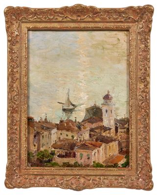une image représentant une peinture d'une ville avec un voilier en arrière-plan