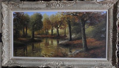 une photo d'un tableau représentant une rivière dans les bois
