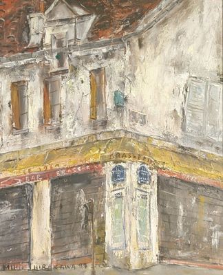 une peinture à l'huile représentant un bâtiment avec une horloge sur sa façade
