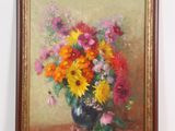 a painting of flowers in a vase on a table