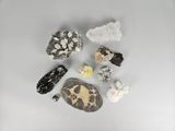 a group of rocks and crystals sitting on top of a white surface