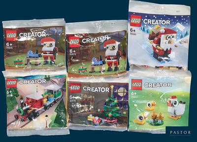 six sets Lego Creator dans des sachets sur un fond bleu