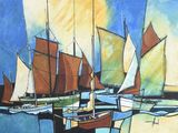 a painting of a group of sailboats floating in the water