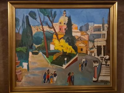 peinture d'une scène de rue avec des personnes marchant dans la rue