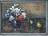 a painting of flowers in a vase on a table