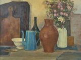 un tableau représentant des vases et des bouteilles posés sur une table