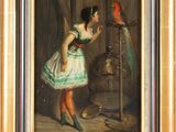 an oil painting of a woman feeding a parrot in front of a bird cage