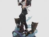 statue of a woman with a sword standing on top of a boat