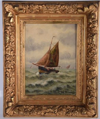 une peinture à l'huile représentant un voilier sur une mer agitée