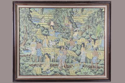 tableau représentant un groupe de personnes travaillant dans la jungle