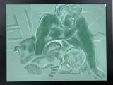 tableau représentant une femme assise sur un lit avec un chien