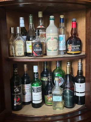 de nombreuses bouteilles d'alcool posées sur une étagère dans un placard