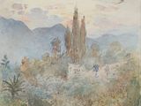une image représentant un tableau d'une route de campagne avec une église au loin