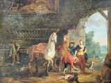a painting of a couple of horses and a man with a dog