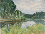 l'image d'une peinture représentant une rivière avec des arbres en arrière-plan